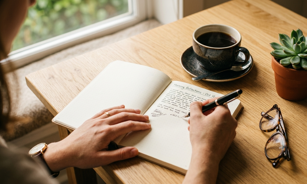 Reggeli kávézás és naplóírás – notebook és kávéscssésze napfényben